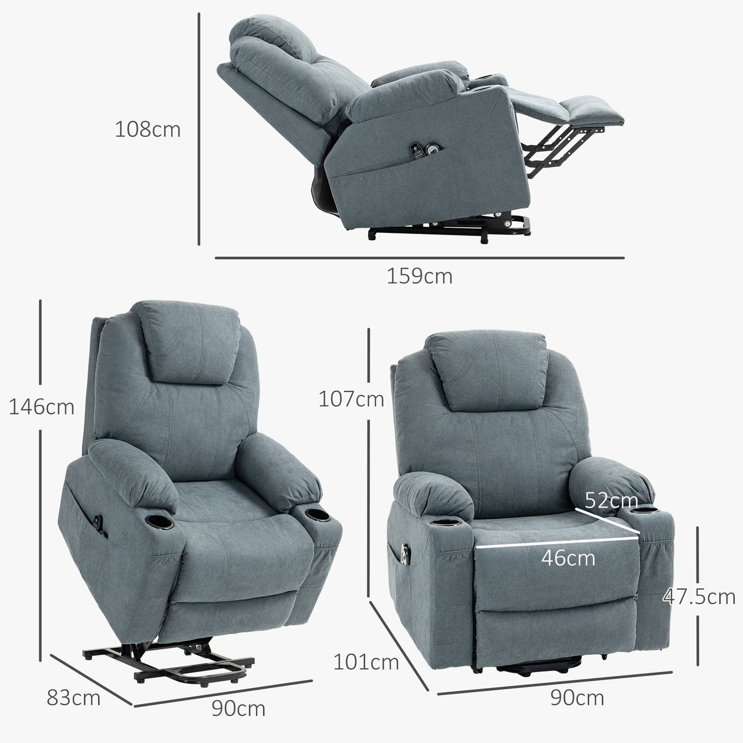 HOMCOM Lift Chair Quick Assembly Riser and Recliner Chair with Vibration Massage Heat Cup Holders Charcoal Grey