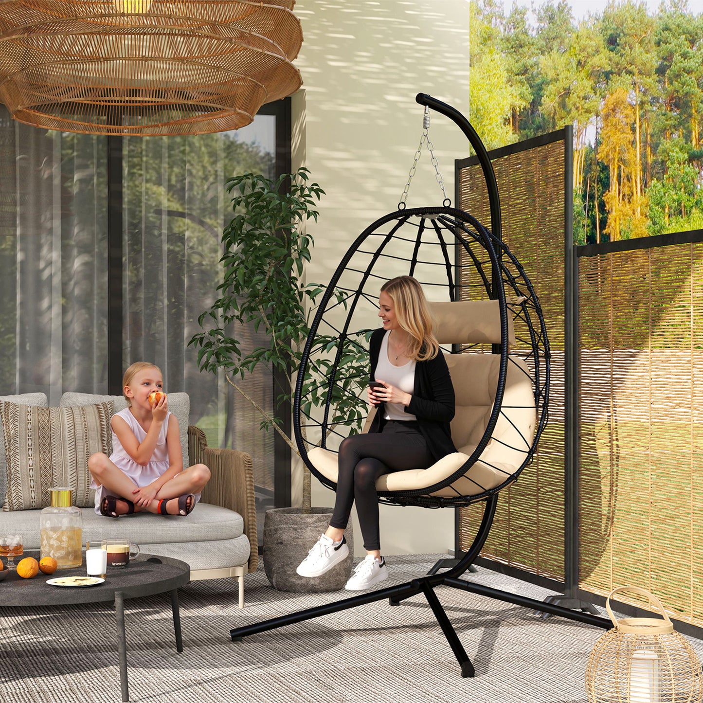 Outsunny Hanging Egg Chair Indoor/Outdoor Swing with Stand, Thick Cushion, Headrest, Khaki