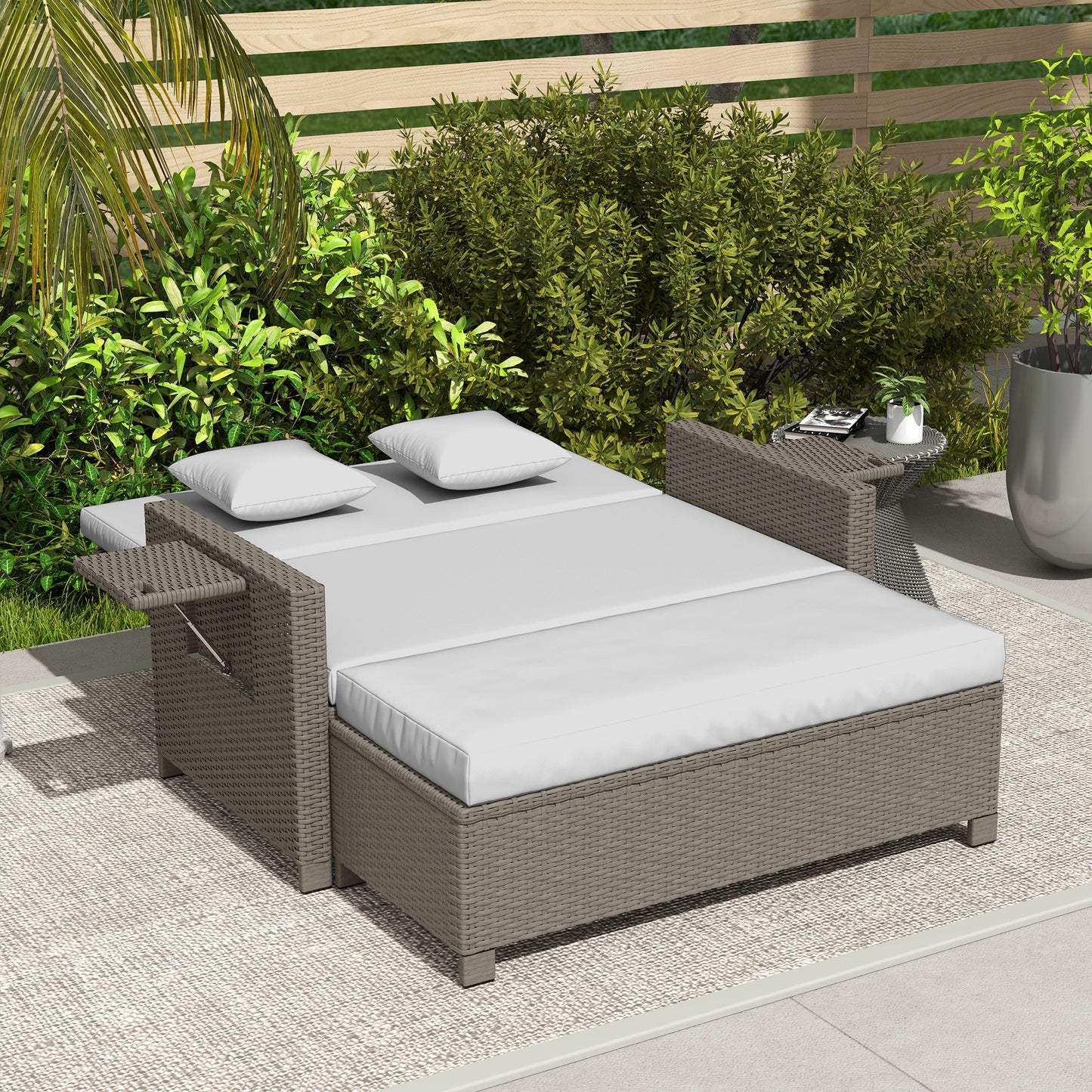 Outsunny Rattan Day Bed, with Footstool - White/Grey