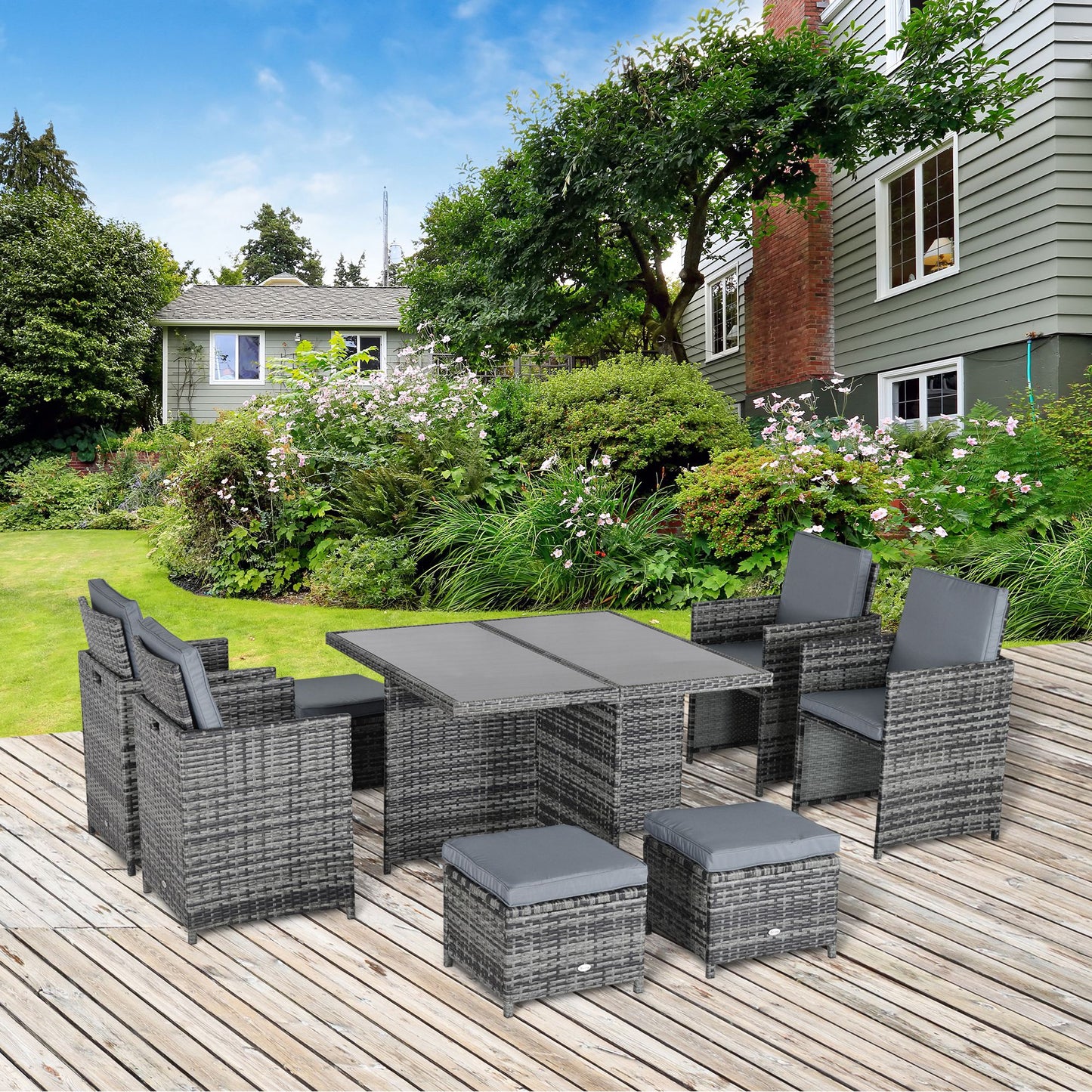 Outsunny 9 Pieces Rattan Dining Set Garden Furniture Cushion Seat Woven Rattan Grey