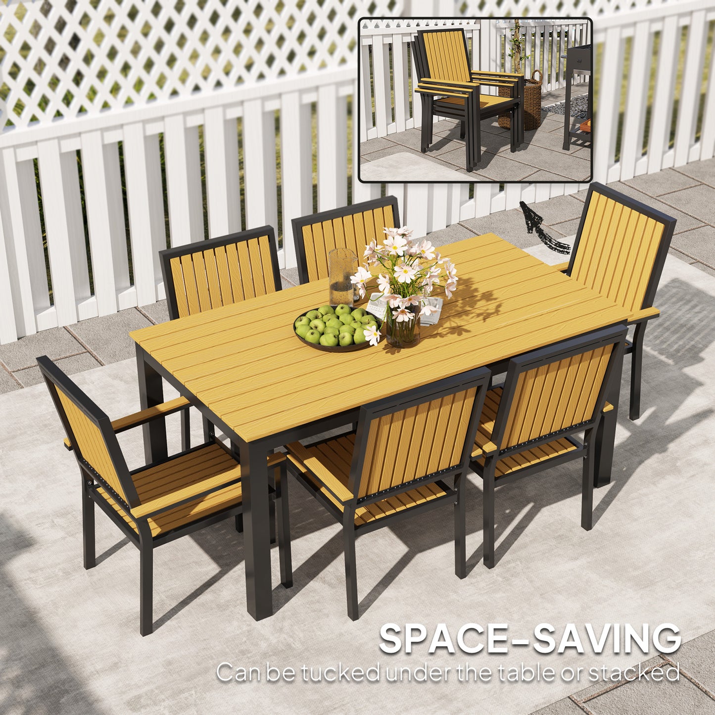 Outsunny 6 Seater Garden Dining Set, Aluminium Frame, Stackable Chairs, Rectangular Plastic Top, Nature Wood