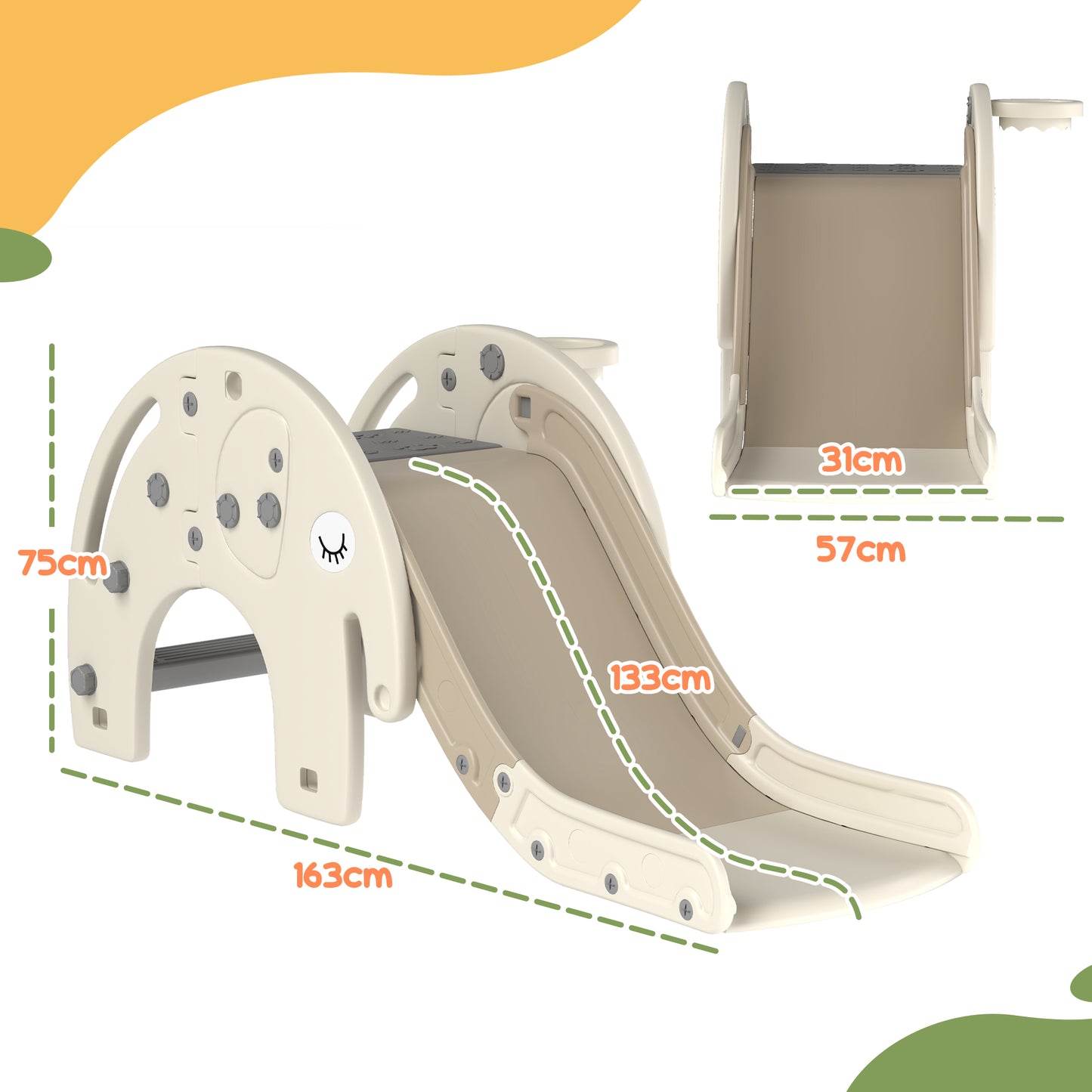 AIYAPLAY 3 in 1 Toddler Slide with Basketball Hoop, Climber, Elephant-Themed, for 1-3 Years - Cream White