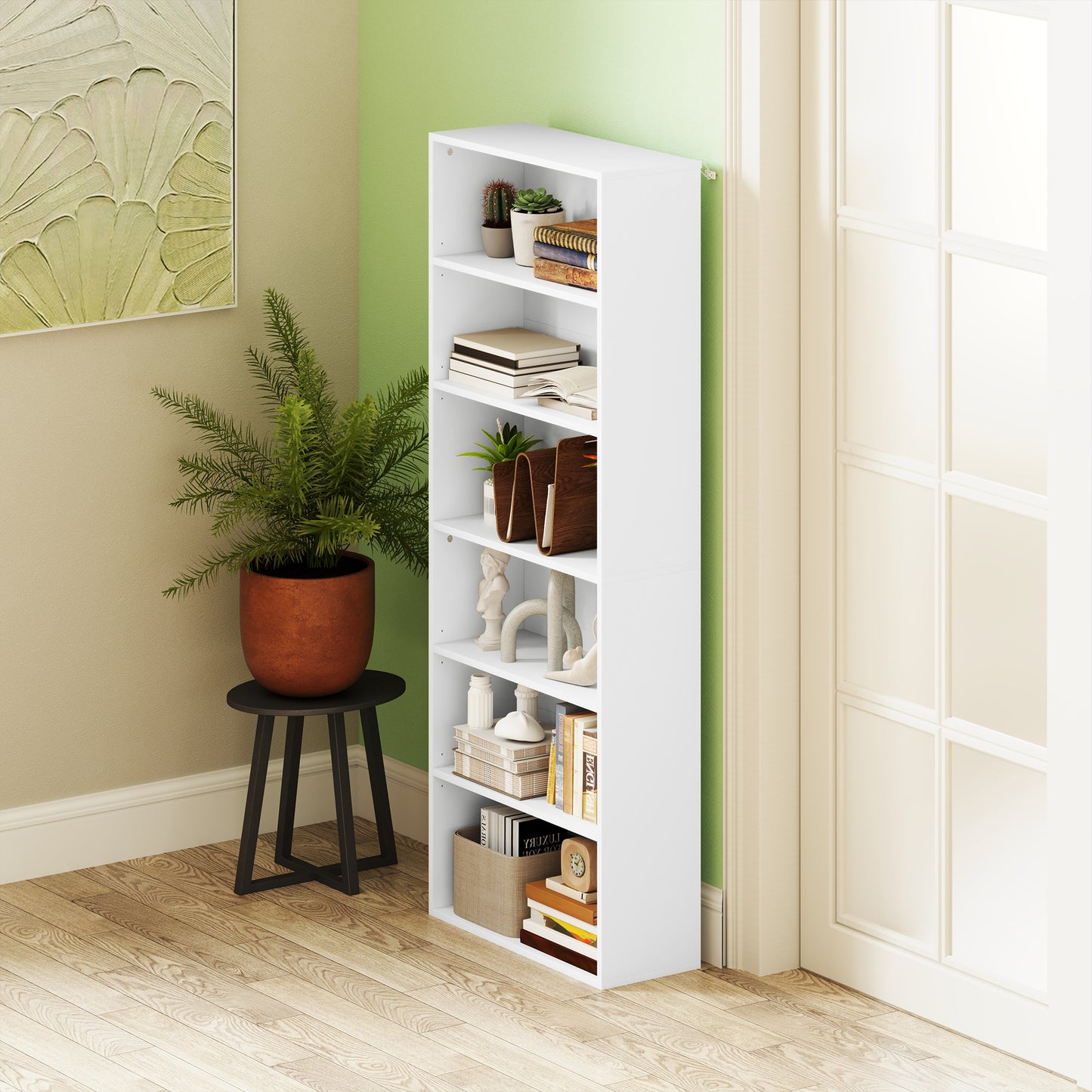HOMCOM 6 Tier Bookshelf, Freestanding Adjustable Shelves, Display Storage for Living Room/Bedroom/Study, 60x24x158.5 cm, White