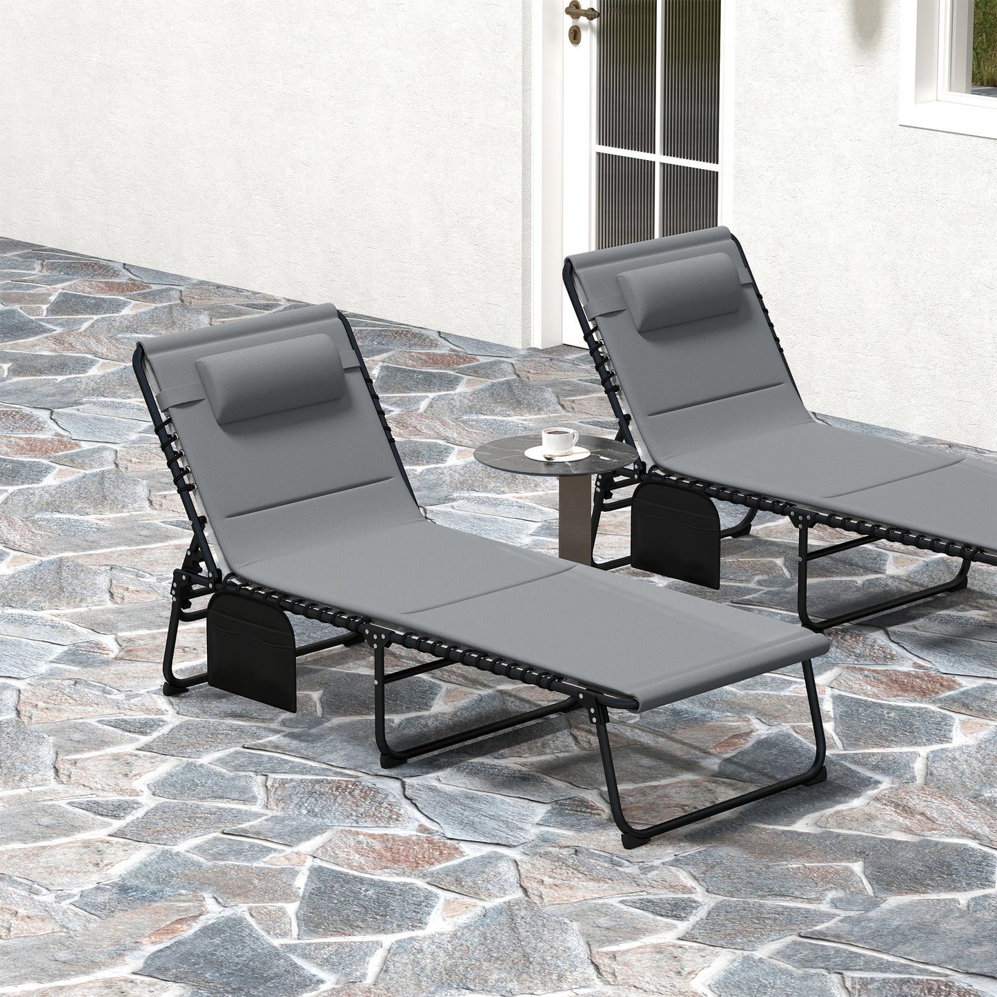 Outsunny Folding Sun Loungers Set of 2, Recliner Garden Chairs with Pad, Headrest & Pocket, Charcoal Grey