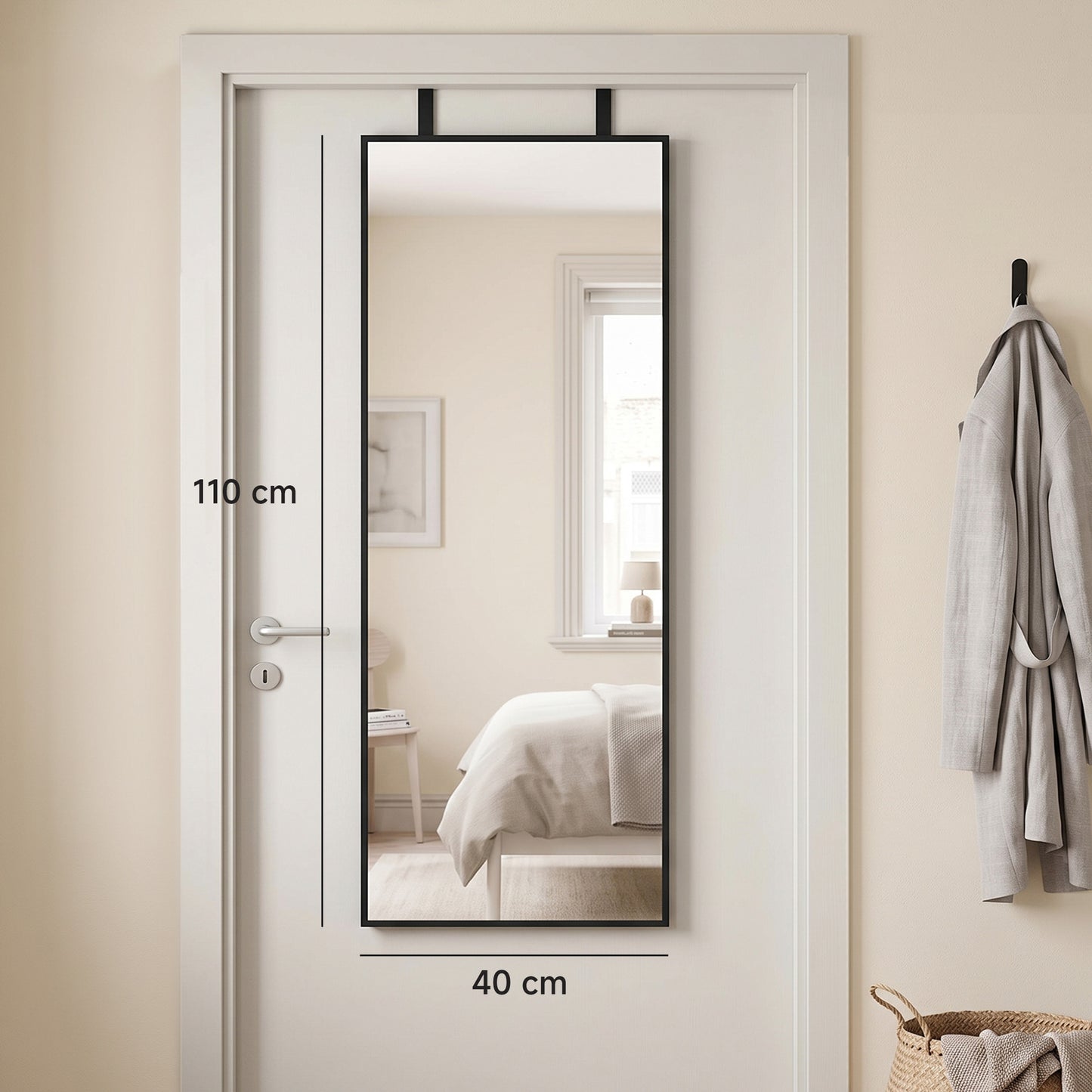HOMCOM 40 x 110 cm Full Length Wall Mirror, Rectangular Mirror with Adjustable Hooks, Over the Door or Wall Mounted, Black
