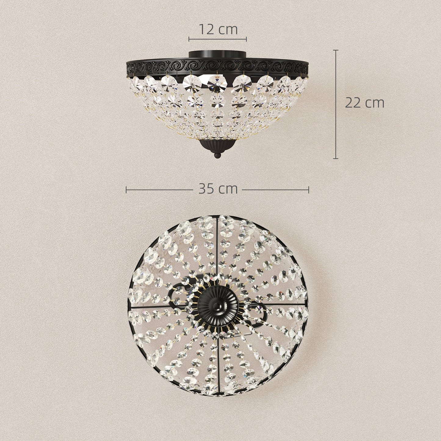 HOMCOM Crystal Chandelier Ceiling Light, 2-Light Flush Mount with 168 Octagonal Beads for Living Room, Bedroom, Hallway, Dining Room, Black