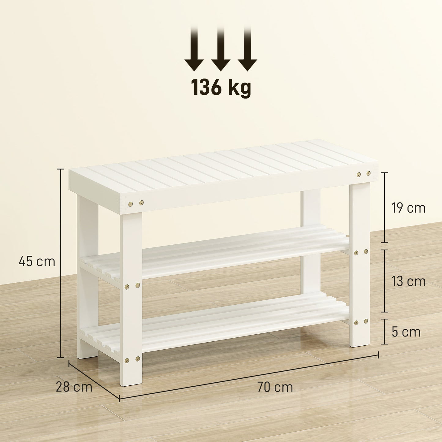 HOMCOM 3-Tier Bamboo Shoe Storage Bench - White