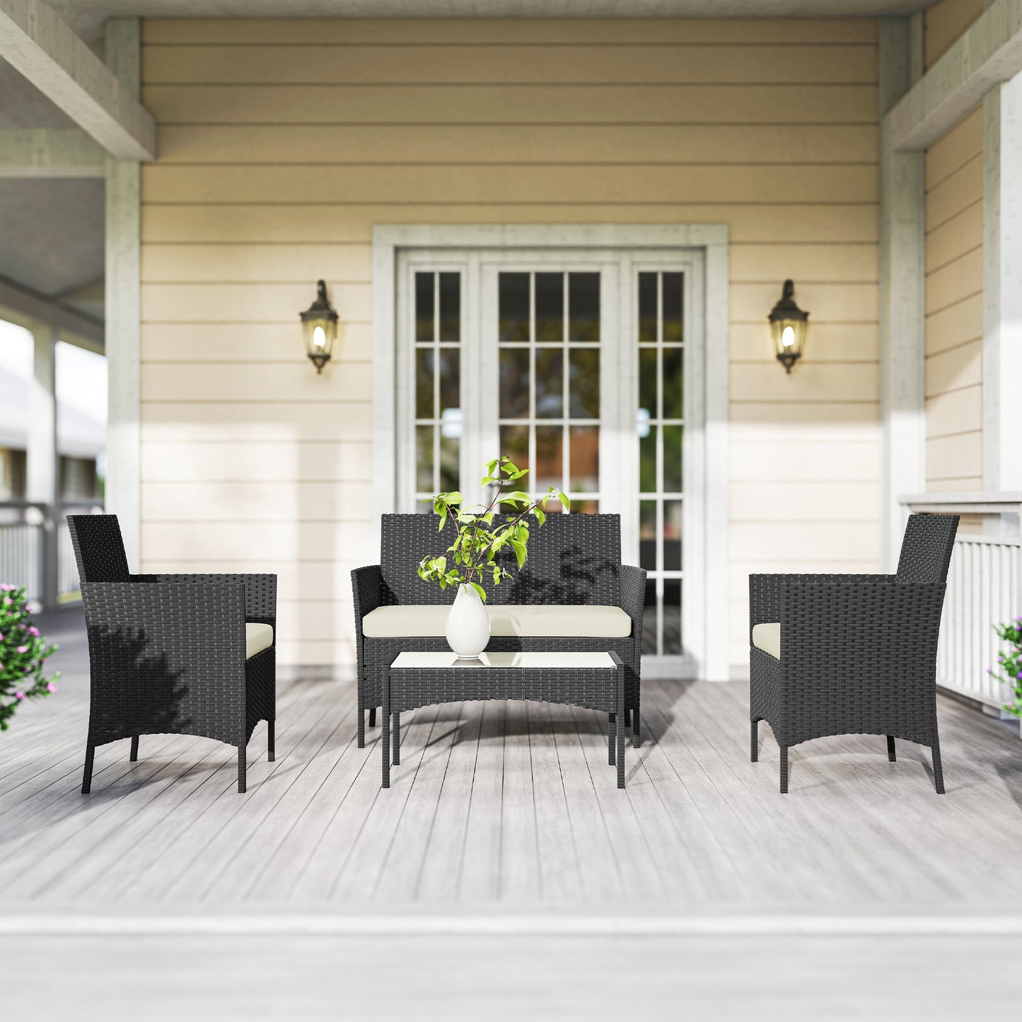 Outsunny 4 Piece Rattan Garden Furniture Sofa Set with Loveseat, Armchairs, Glass-Top Coffee Table and Cushions, Cream White