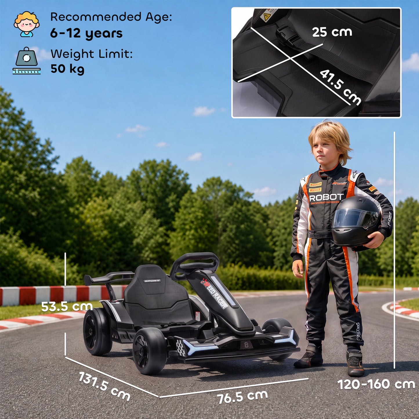 AIYAPLAY 24V Electric Go Kart for Kids 6-12 Years with Drift Mode, Adjustable Seat, 3 Speed, Slow Start, Black