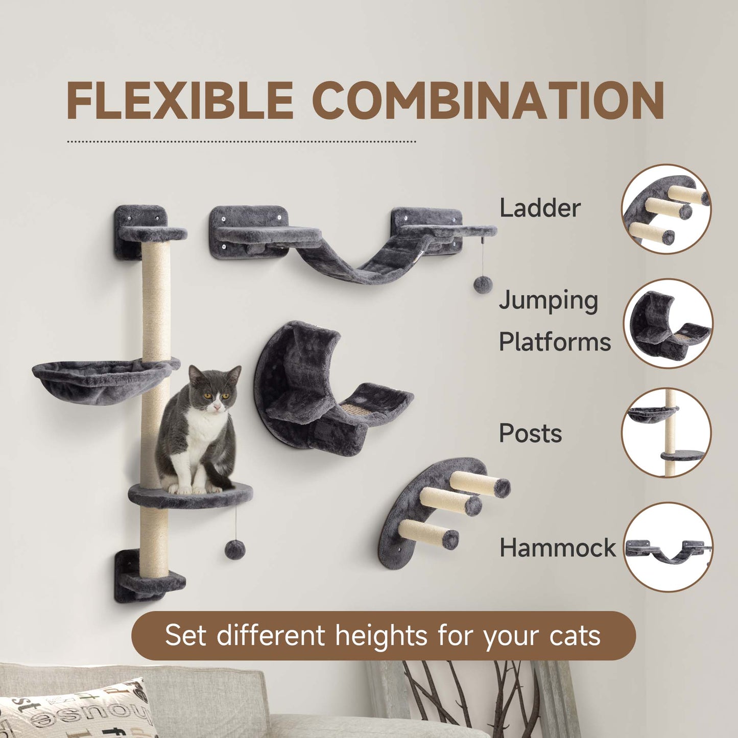 PawHut Four-Piece Cat Wall Furniture, with Hammock, Ladder, Platforms, Steps, for Indoor Use - Dark Grey