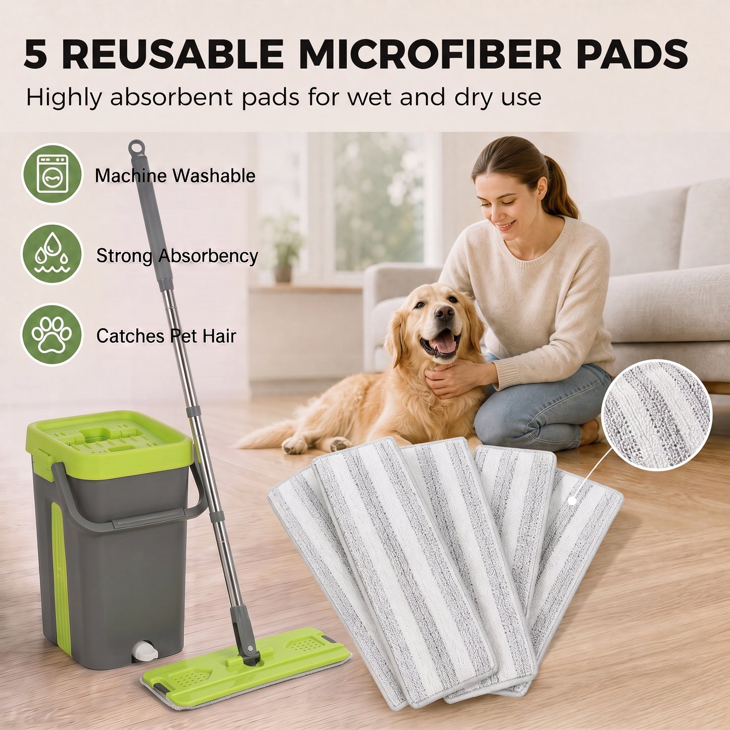 HOMCOM Mop and Bucket Set, Compact Flat Mop System with Wringer, 2 Chambers, 5 Reusable Pads, Dark Grey and Green