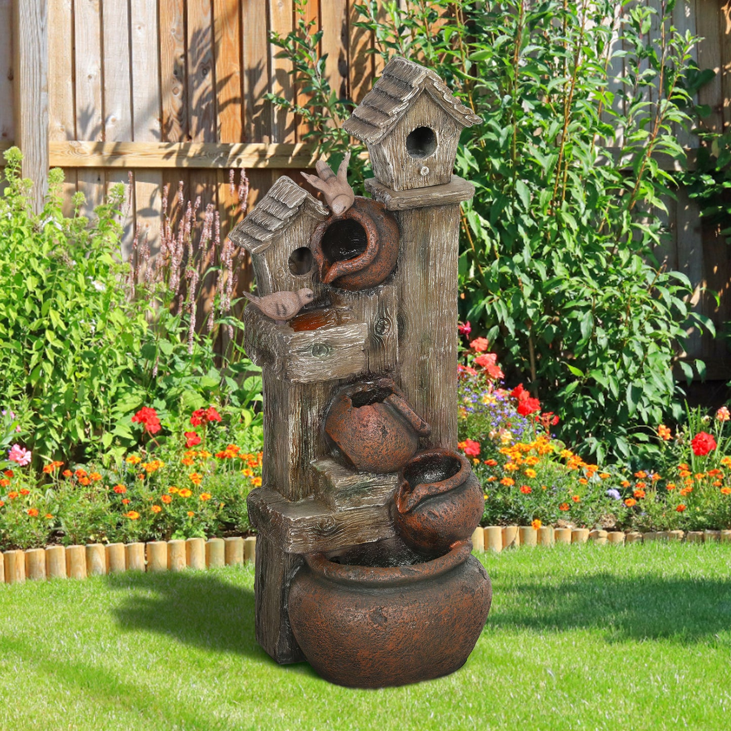 Outsunny 2-in-1 Resin Waterfall Fountain with Birdhouse & LED Lights, Tree Trunk Design, Cascading Water Feature, Multi-colour