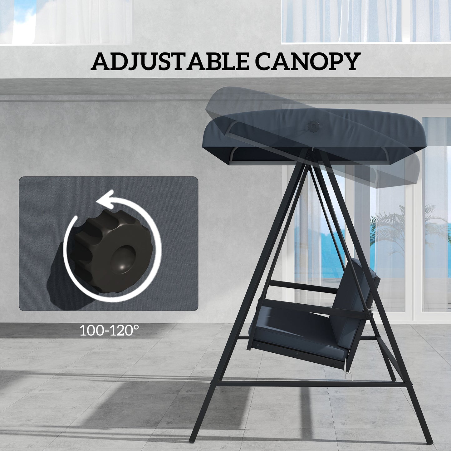 Outsunny Three-Seat Garden Swing Chair, with Adjustable Canopy - Dark Grey