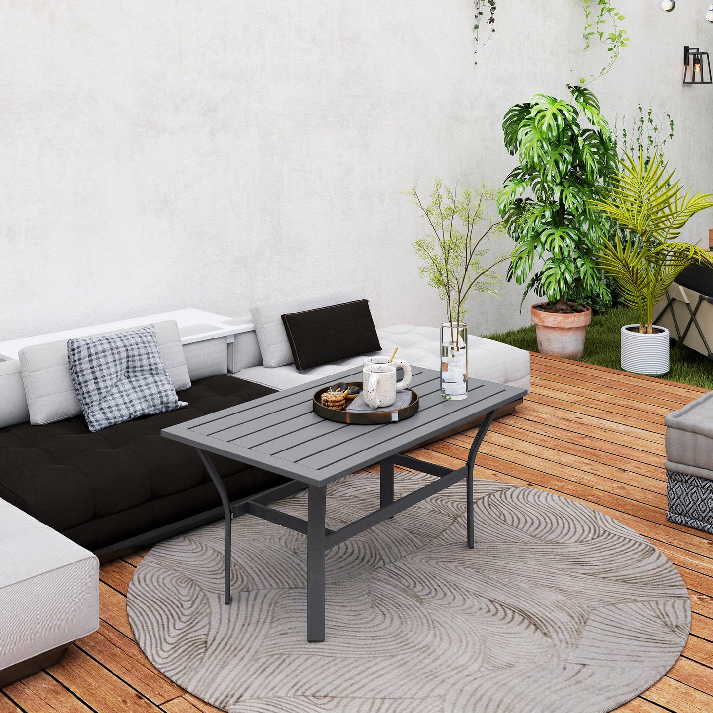 Outsunny Metal Garden Coffee Table, Rectangular Outdoor Side Table with Slatted Top, Foot Pads, 91.5x55x45cm, Dark Grey