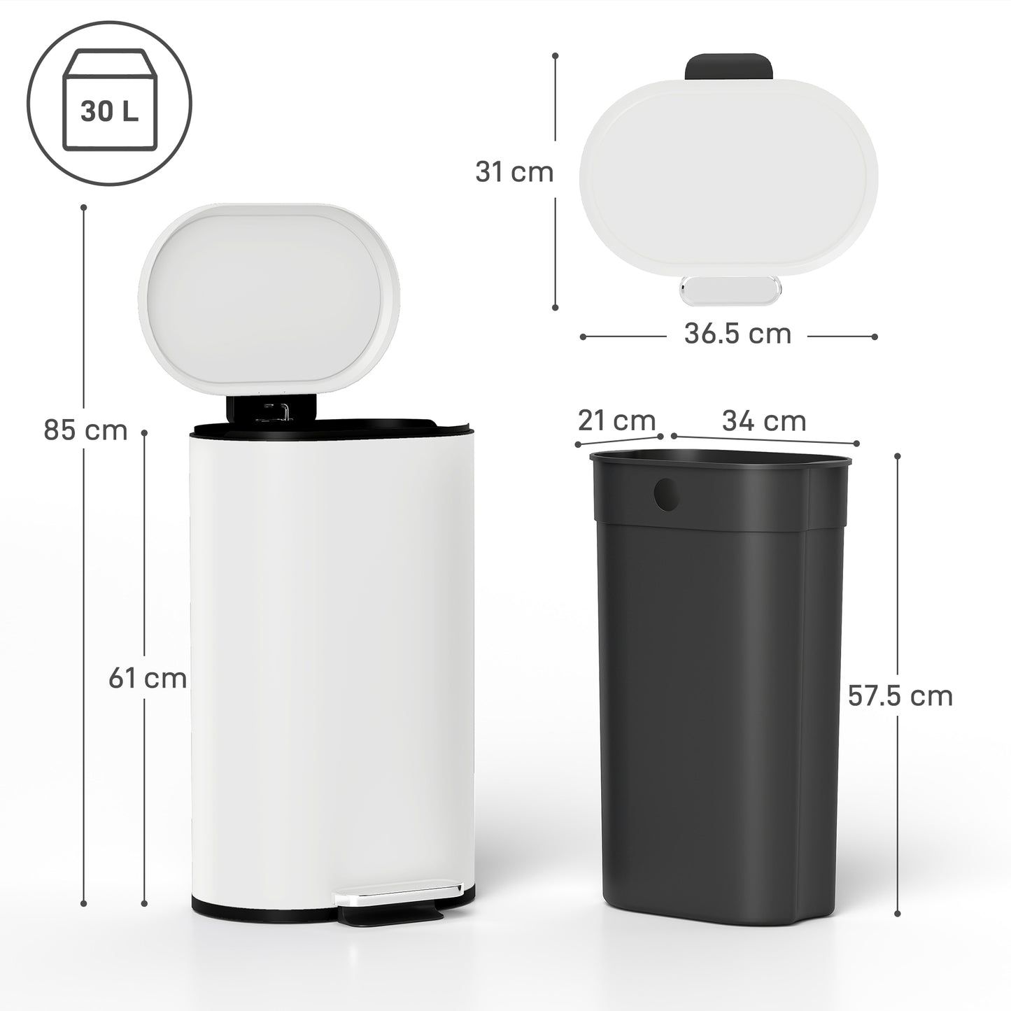 HOMCOM 30L Kitchen Bin, Slim Rectangular Pedal with 90° Stay-Open and Soft-Close Lid, Removable Inner Bucket, Fingerprint-Resistant, Cream.