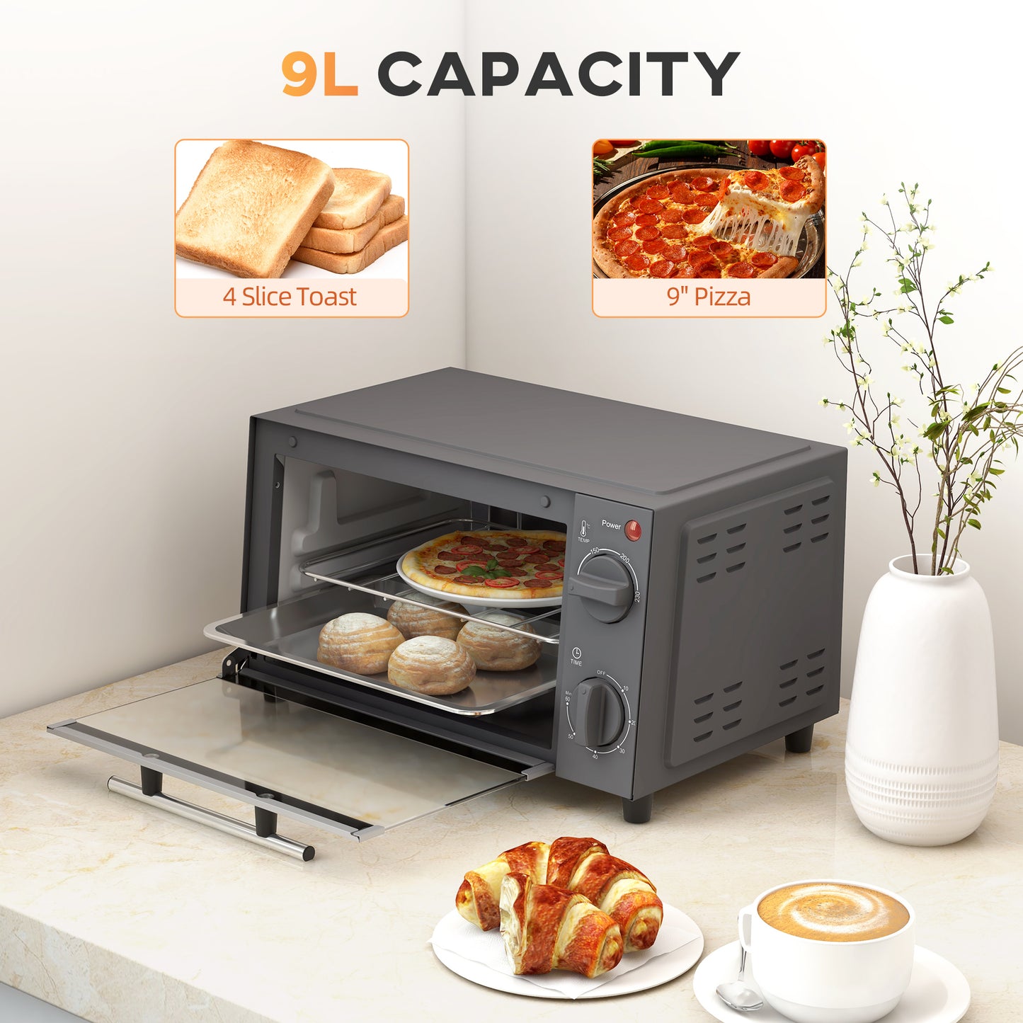 HOMCOM Mini Oven, 9L Countertop Electric Grill, Toaster Oven with Adjustable Temperature, Timer, Baking Tray and Wire Rack, 750W, Grey