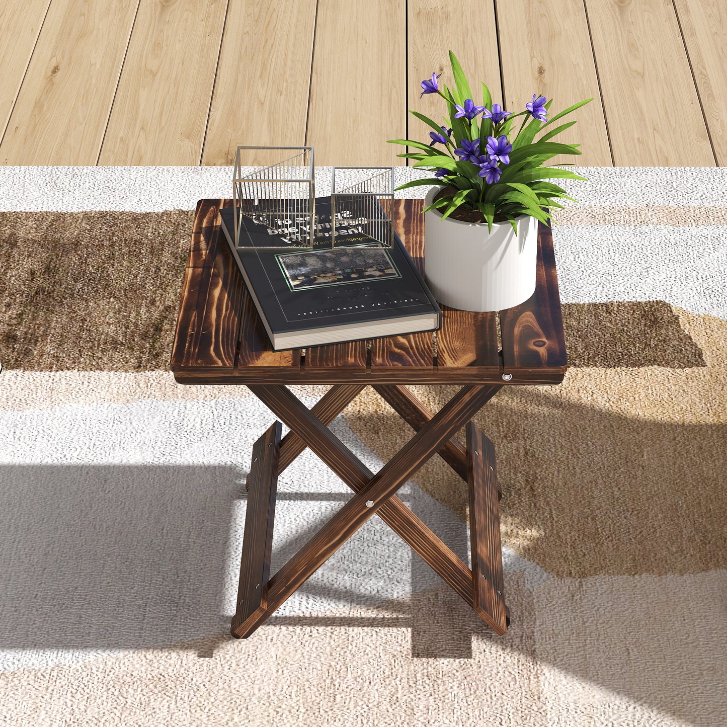 Outsunny Fir Wood Folding Coffee Table, Lightweight Small Garden Table, Portable Folding Side Table for Balcony