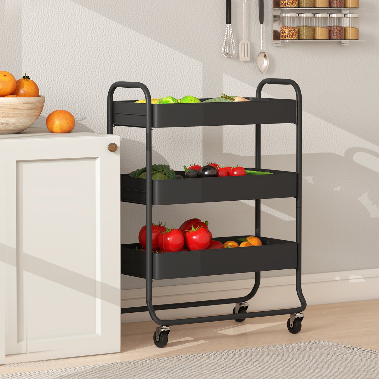 HOMCOM 3-Tier Storage Trolley on Wheels, Rolling Utility Cart with Mesh Backets for Kitchen, Bathroom, Bedroom, Black