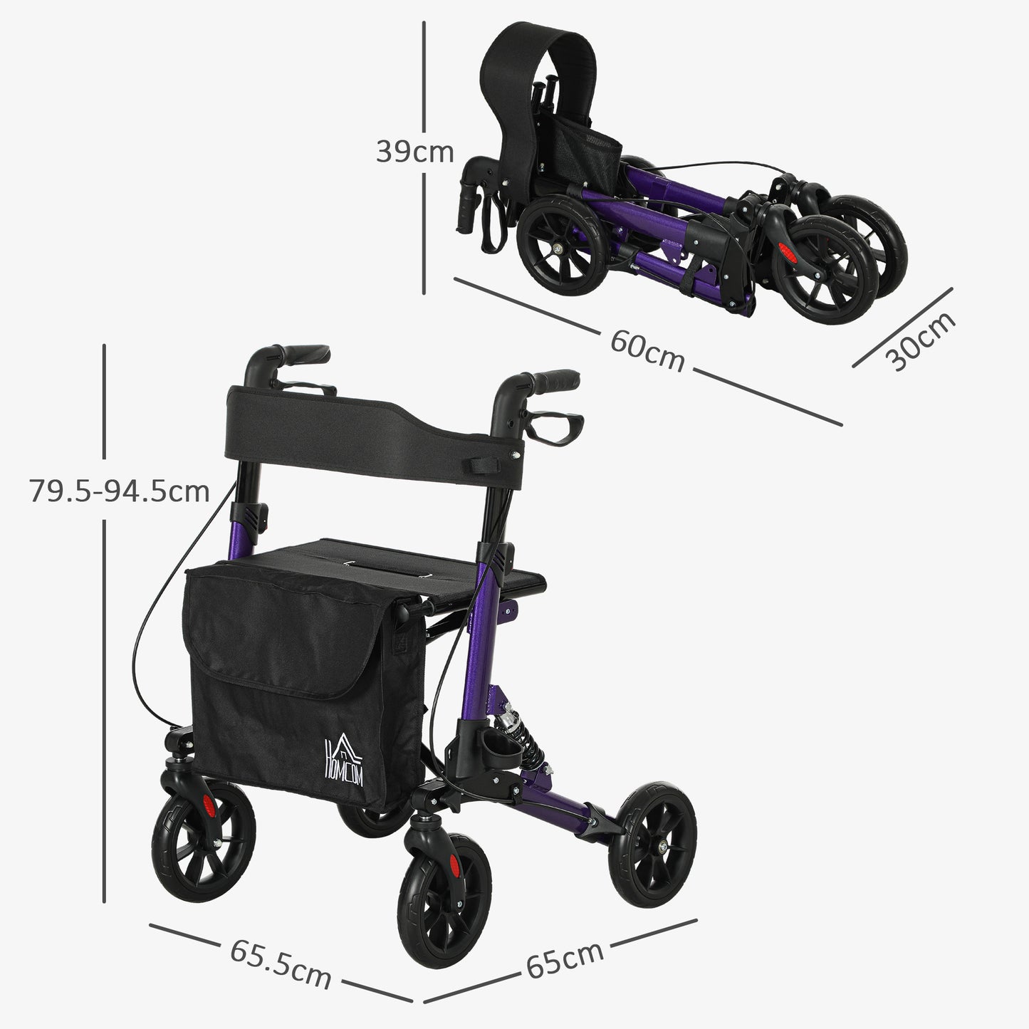 HOMCOM Rollator Walker with Seat, Suspension, Adjustable Handle, 4 Wheels, Purple