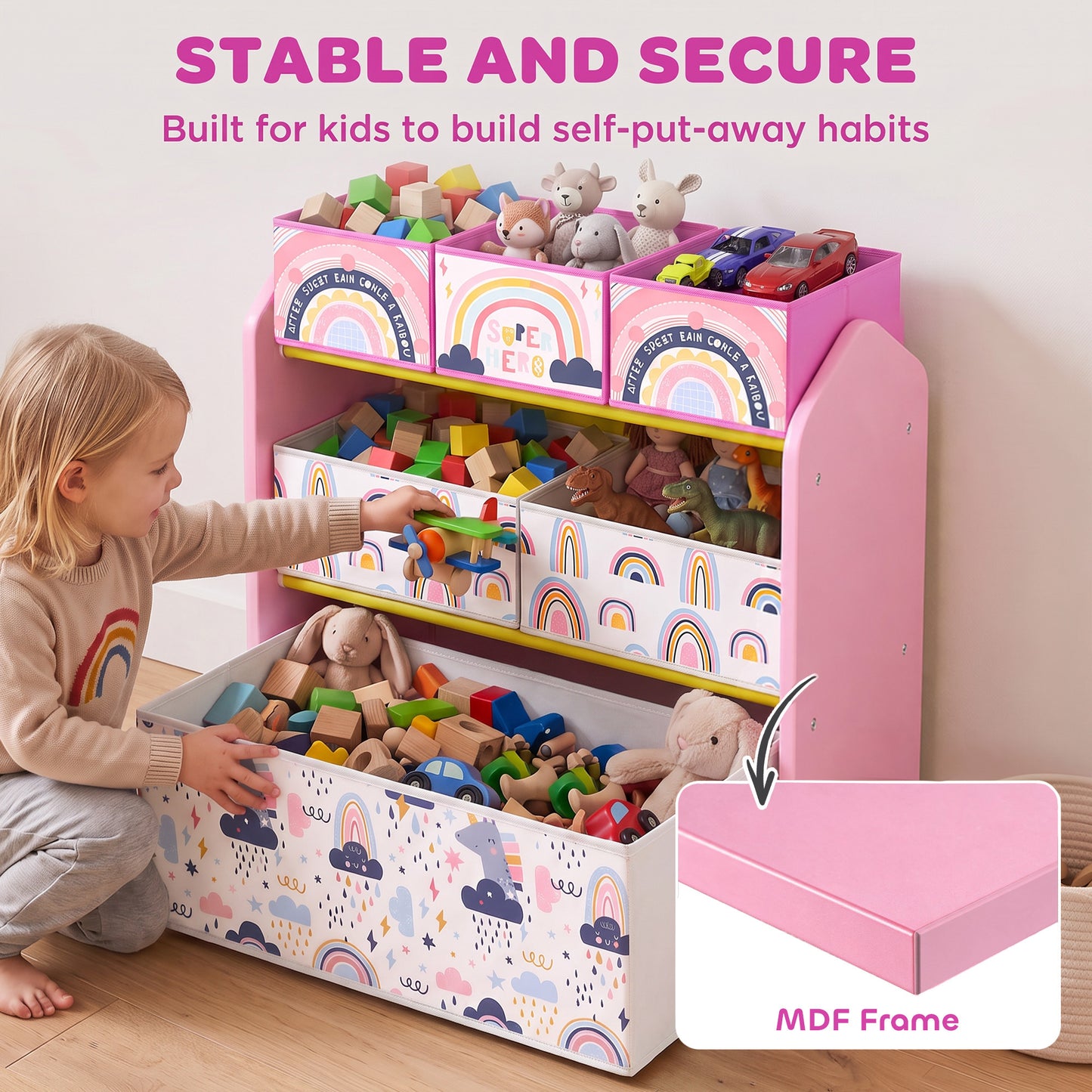 AIYAPLAY Toy Storage Organiser, 3-Tier Wooden Kids Toy Storage Rack with 6 Fabric Storage Bins for Bedroom, Kids Room, Pink