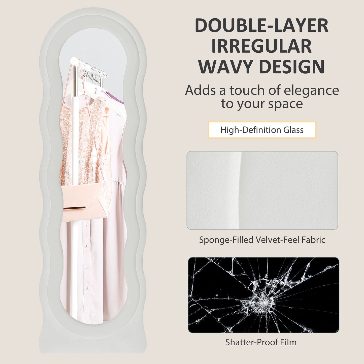 HOMCOM Wavy Velvet-Feel Ripple Full Length Mirror - White