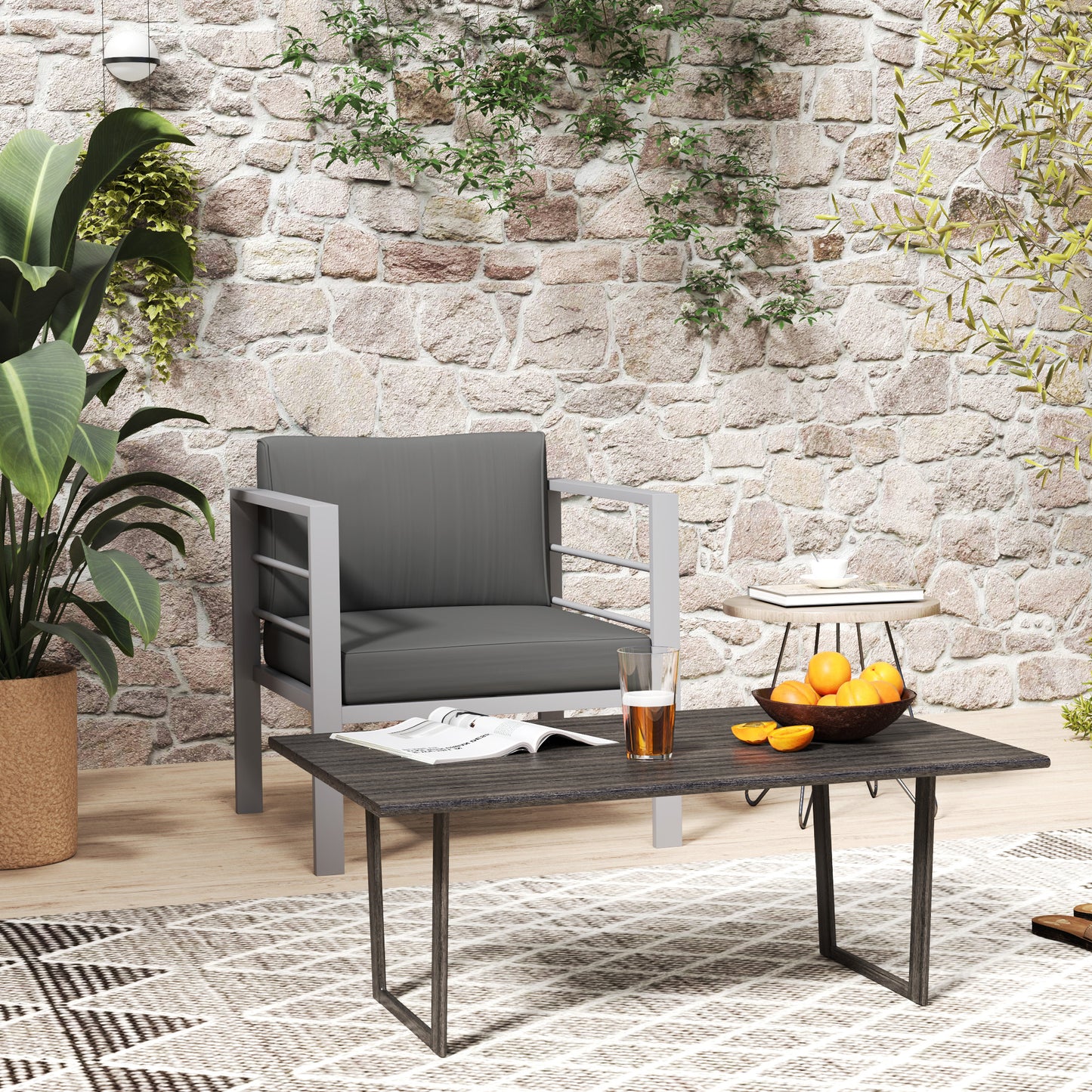Outsunny Patio Furniture Aluminium Armchair, All-Weather Outdoor Single Sofa with Cushions, Metal Frame for Garden/Balcony, Charcoal Grey