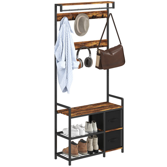 HOMCOM Coat Rack with Bench and Shoe Storage, Rustic Brown