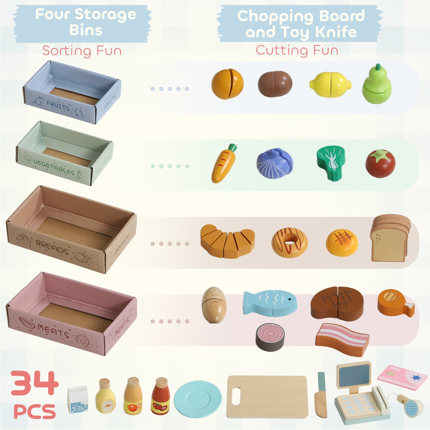 AIYAPLAY Wooden Toy Shop, Wooden Market Stall with Cash Register, Blackboard and Toy Food, 4 Storage Boxes, Ages 3+, Green