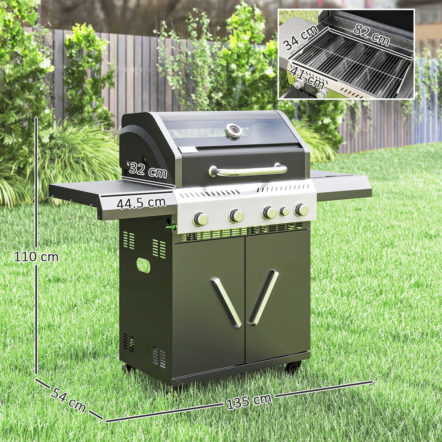 Outsunny 4+1 Burner Gas BBQ Grill, Clear View Lid, Thermometer, Side Table, Cabinet, Wheels, Grease Tray, Garden Outdoor Cooking, Black
