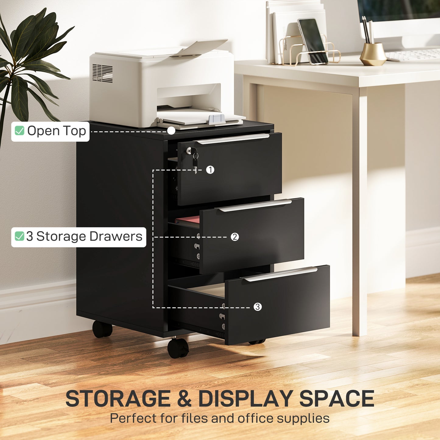 HOMCOM Three-Drawer Locking Filing Cabinet - Black