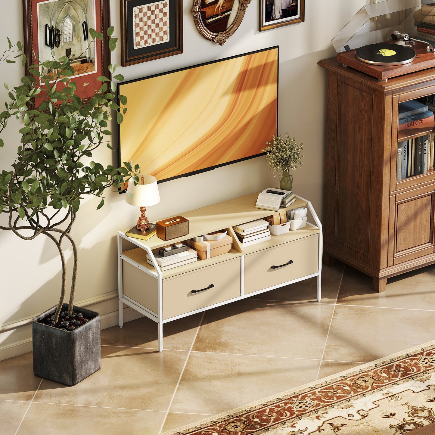 HOMCOM TV Stand Cabinet for 55-inch TVs, 2 Foldable Fabric Drawers, 5 Side Pockets, Open Shelves, Console Table, Natural Wood Finish