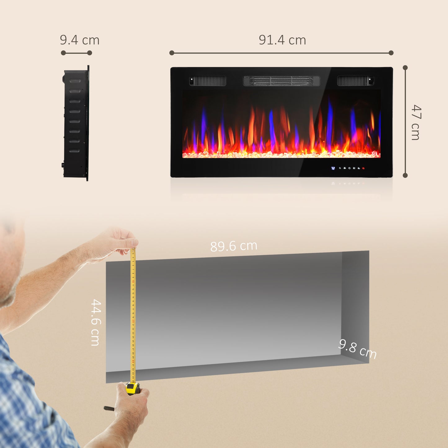 HOMCOM 36" Ultra-Slim Electric Fireplace, Wall Mounted and Recessed, 900W/1800W