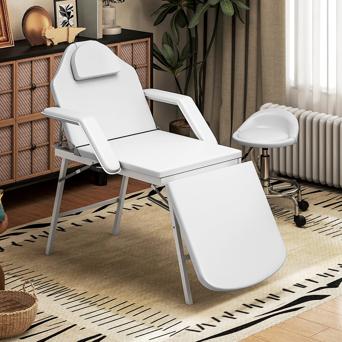 HOMCOM Portable 3-Section Foldable Massage Table, Adjustable Beauty Bed with Face Hole, Removable Headrest & Armrests for Spa, Lash, Tattoo, White