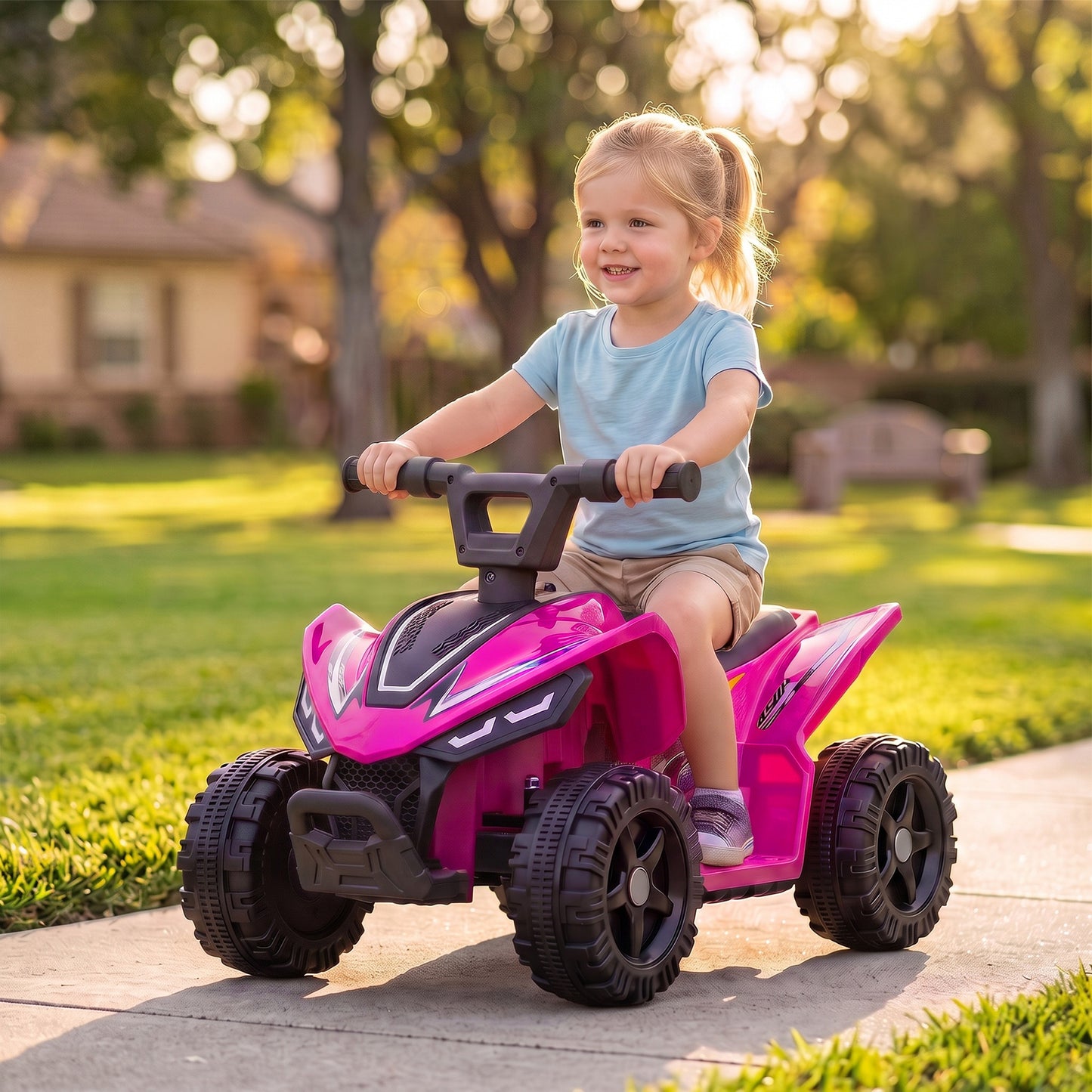 AIYAPLAY 6V Battery Powered Kids ATV, Quad Bike w/ Handlebar Button Control, Max 1.2MPH, Max 55lbs Load, for 18-48 M, Rose Red