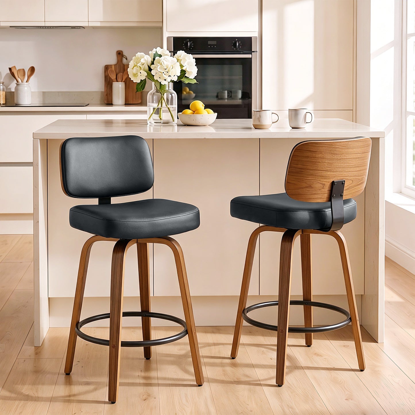 HOMCOM Bar Stools 360° Swivel Breakfast Bar Stools Padded PU Seat Footrest Set of 2 Black