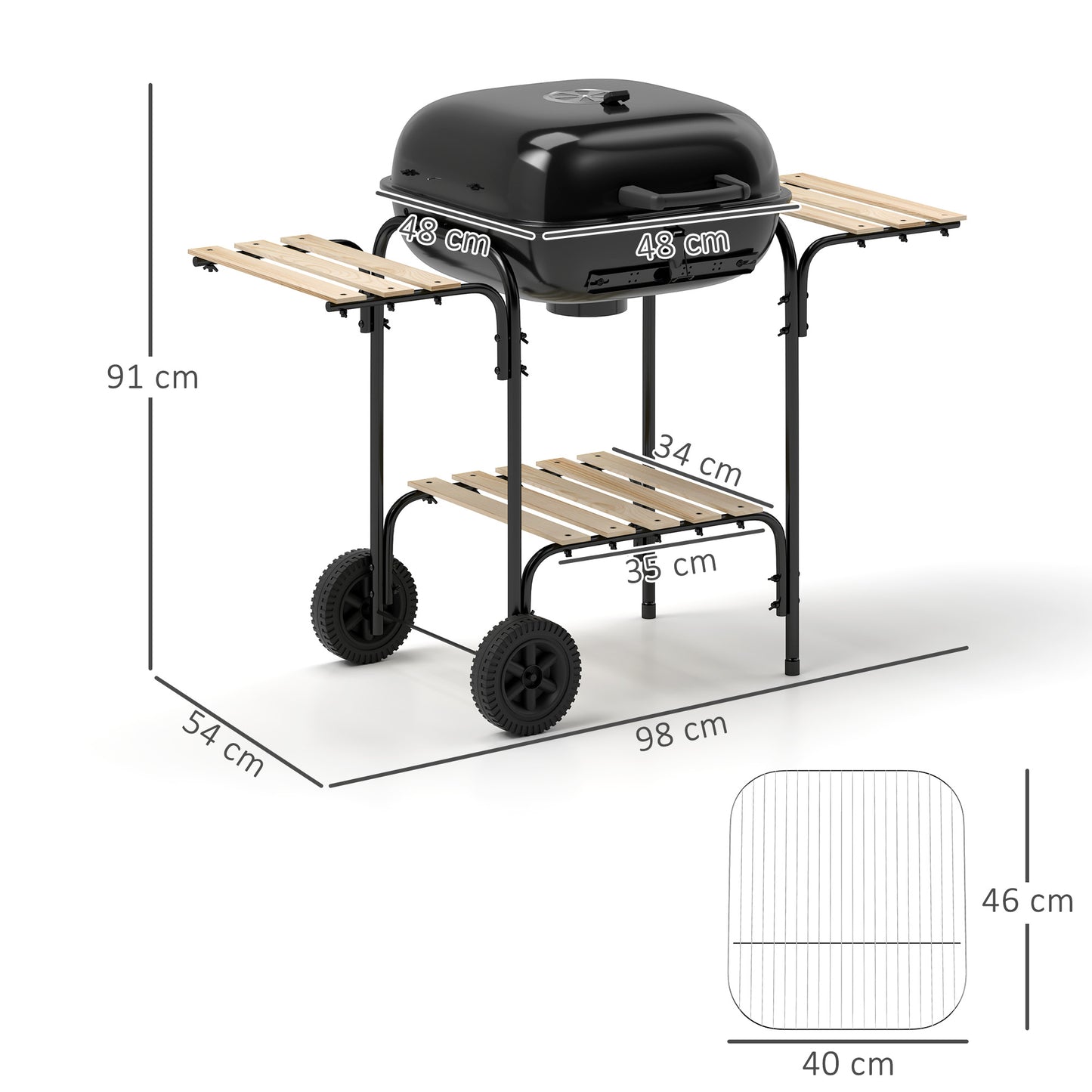Outsunny Charcoal Portable BBQ Grill, 1840 cm² Cooking Area, 3 Shelves, Adjustable Vent, Lockable Lid, Wheels for Outdoor Cooking, Black