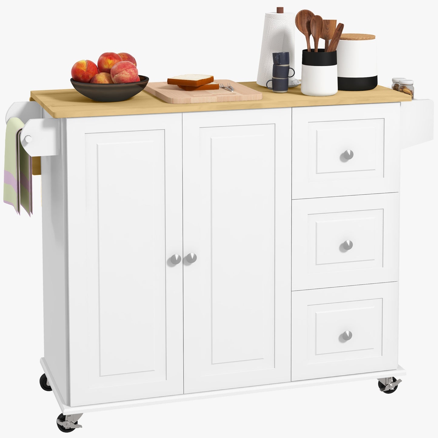 HOMCOM Kitchen Island, Drop Leaf, Wheels, 3 Drawers, Spice & Towel Rack, Rubber Wood Top, Storage Cart, White