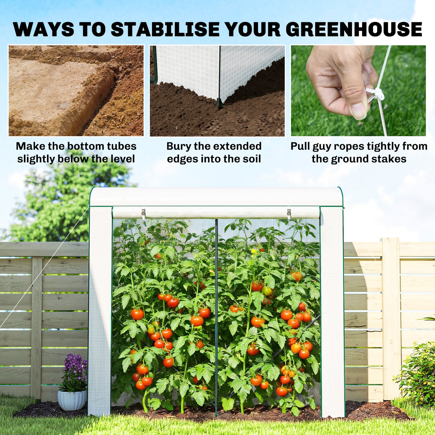 Outsunny Mini Greenhouse, Garden Tomato Growhouse with Roll-Up Door and 2 Mesh Windows, PE Cover, 200 x 75 x 188 cm, White