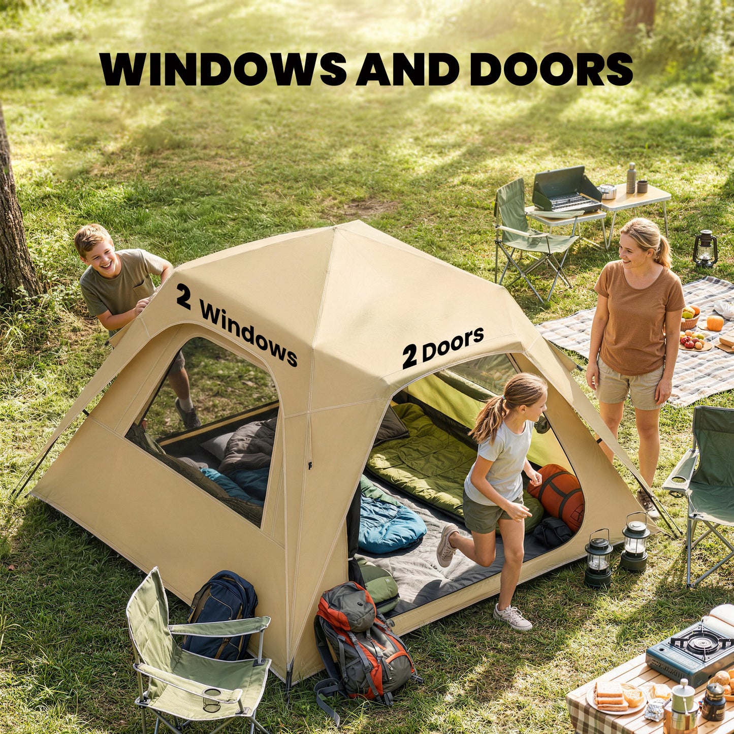 Outsunny Pop Up Tent 3000mm Waterproof Camping Tents with Mesh Windows 3-4 People Khaki