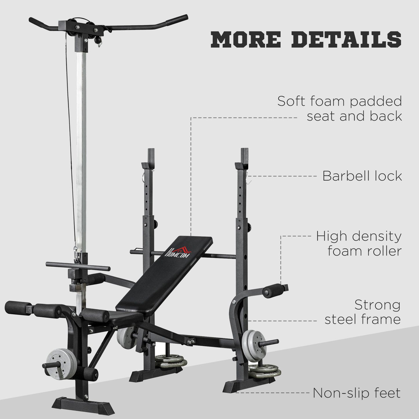 HOMCOM Adjustable Weight Bench with Pulley System, Squat Rack, Leg Developer, Butterfly, Weight Storage for Home Gym Workout, Black.