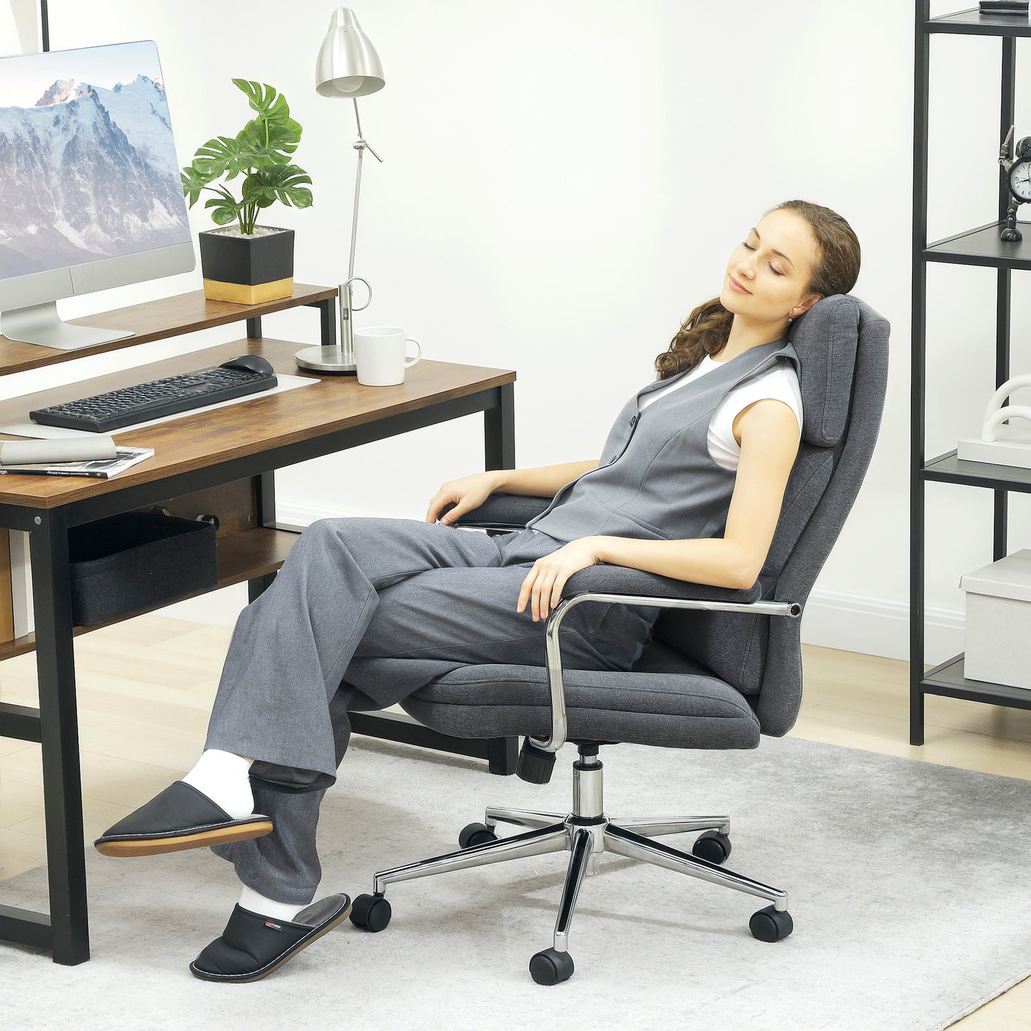 HOMCOM Executive Office Chair, Linen Fabric, Double-Layer Back Cushion, Tilt Function, Height Adjustable for Home Office, Charcoal Grey