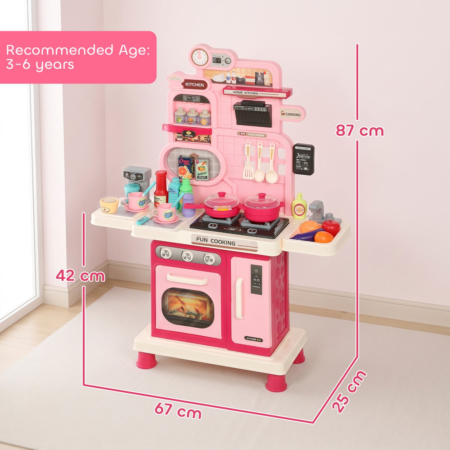 AIYAPLAY Play Kitchen, 33 PCS Kids Kitchen Playset with Lights, Sounds, Storage, Circulating Water Sink for 3-6 Years, Pink