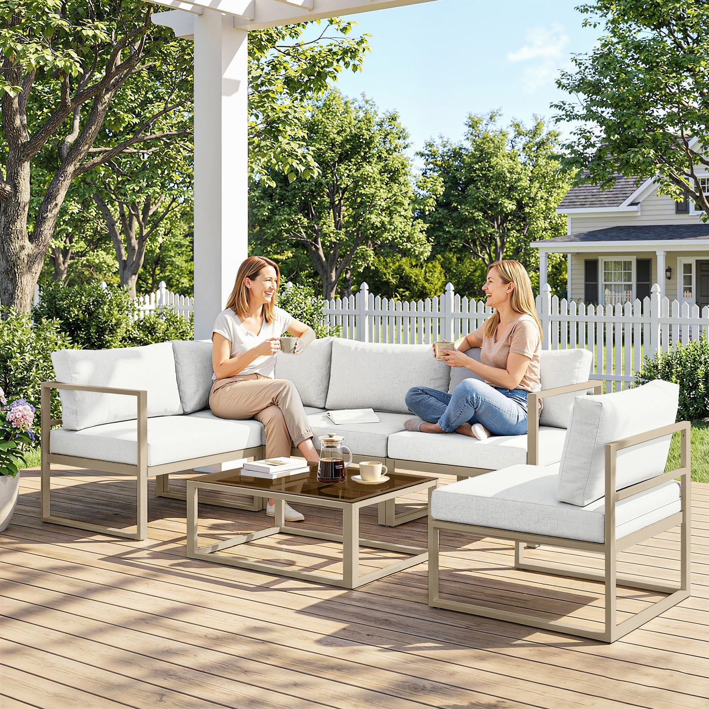 Outsunny 6 Seater Aluminium Garden Furniture Set, Garden Sofa Set with Thick Cushions for Patio and Balcony, Outdoor, White