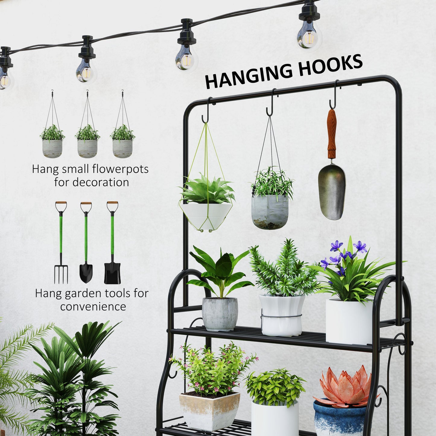 Outsunny 3 Tier Metal Plant Stand with Hanging Rod and Hooks, Ladder Flower Pot Rack for Indoor/Outdoor Use, Black
