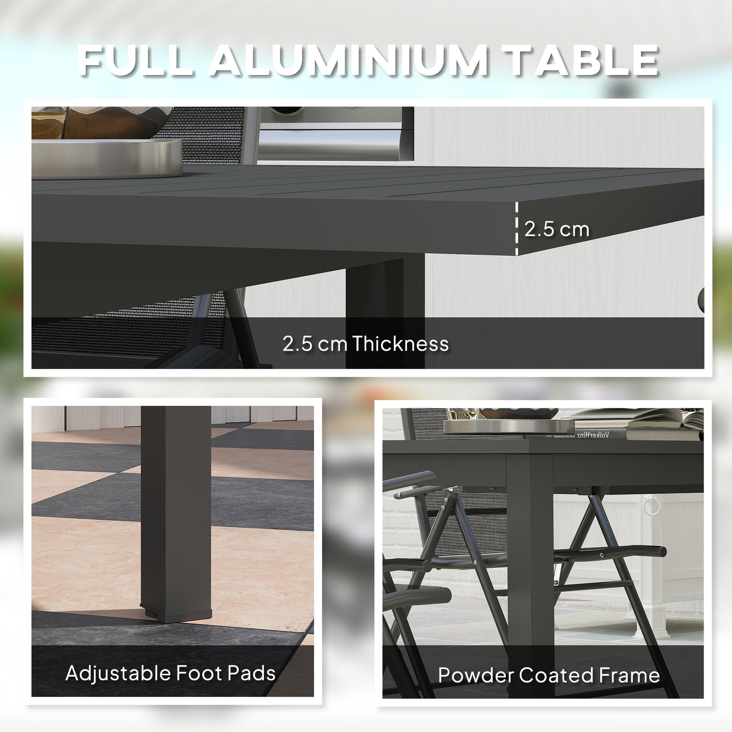 Outsunny Aluminium Extending Garden Table with Slatted Top for 6-8 Person, 160/220 x 90 x 73 cm, Grey