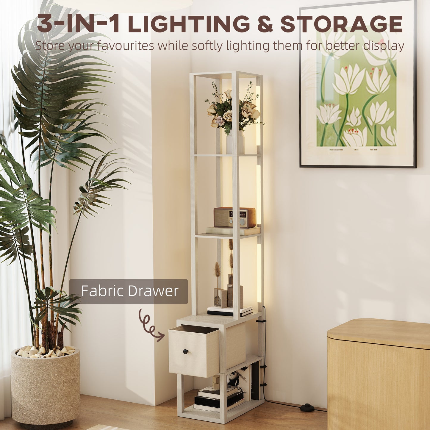 HOMCOM Floor Lamp with Shelves, LED Column Modern Standing Lamp, Adjustable Brightness, Foot Switch, Fabric Drawer, Oak