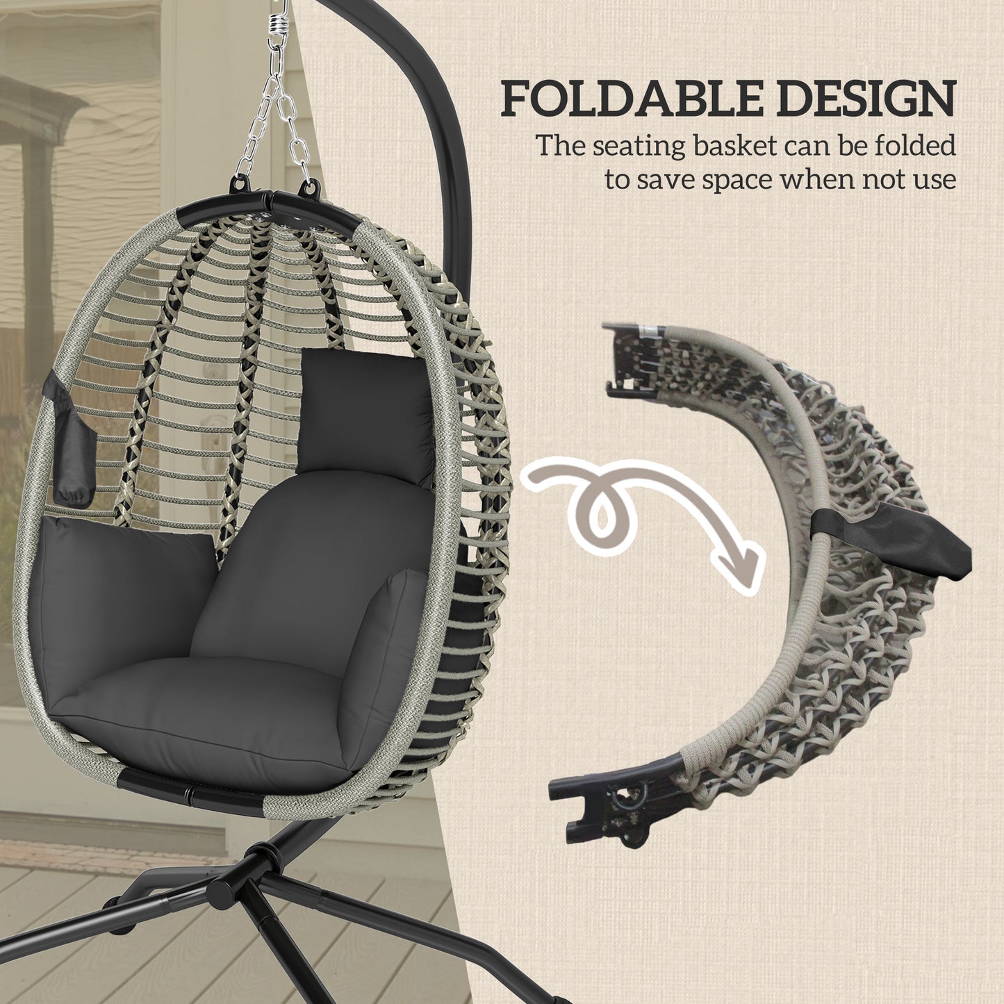 Outsunny Outdoor Swing Chair with Cushion & Metal Stand, Foldable Basket, Cup Holder, Dark Grey