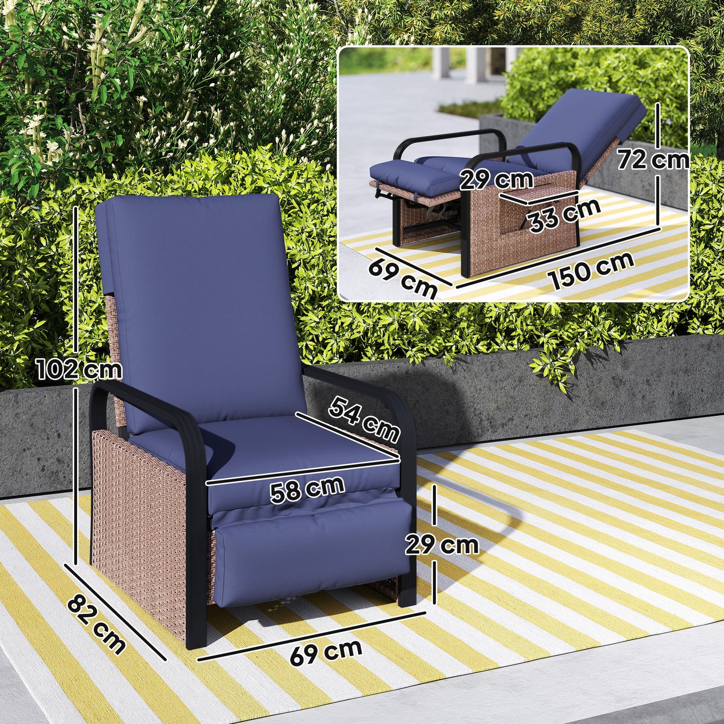 Outsunny 140° Reclining Rattan Armchair - Brown/Blue
