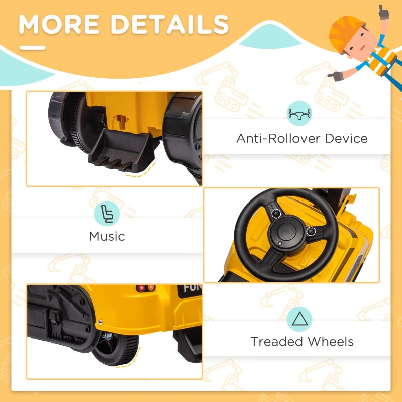 HOMCOM 3 in 1 Ride-On Excavator, Bulldozer, Road Roller, with Music, Anti-Roll Device, for Ages 18-48 Months - Yellow