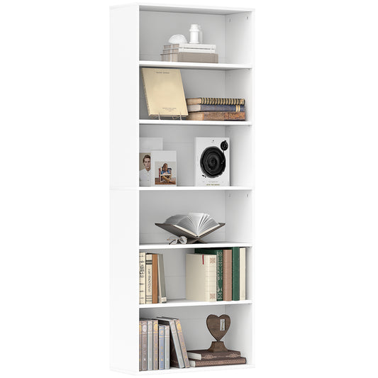 HOMCOM 6 Tier Bookshelf, Freestanding Adjustable Shelves, Display Storage for Living Room/Bedroom/Study, 60x24x158.5 cm, White
